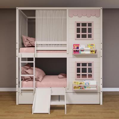 Beliche Casinha Reta Com 02 Janelas 02 Gavetas Cortina E Escorregador Madeira Maciça Branco/ Rosa Housin