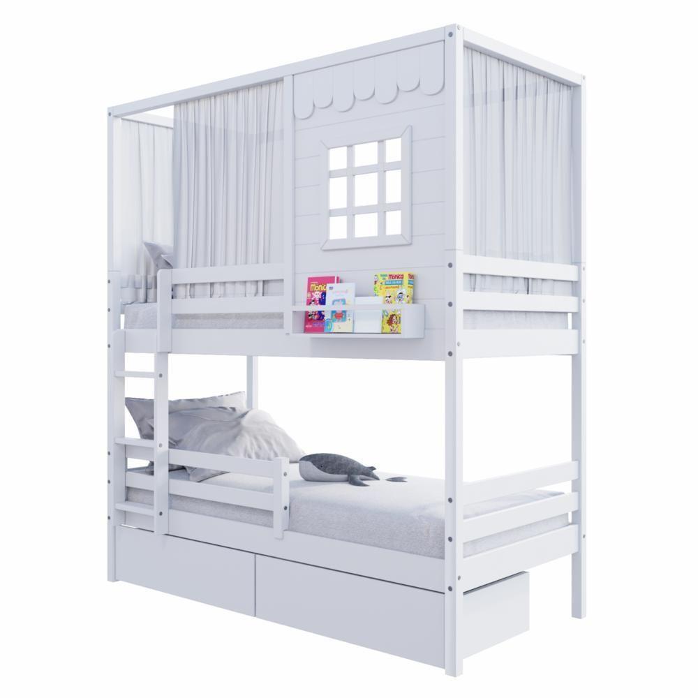 Beliche Casinha Reta Com 02 Gavetas Grade Removível E Cortina Madeira Maciça Branco Housin - 6