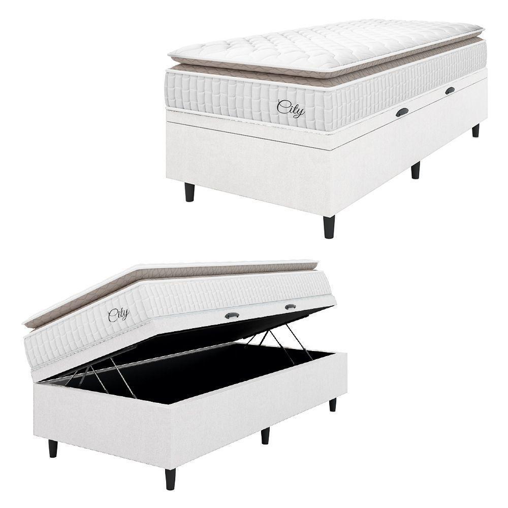 Cama Box Baú Colchão Solteiro Molas Ensacadas City Pillow Top 88x188x64cm Linho Branco / Bege Hellen Branco - 1