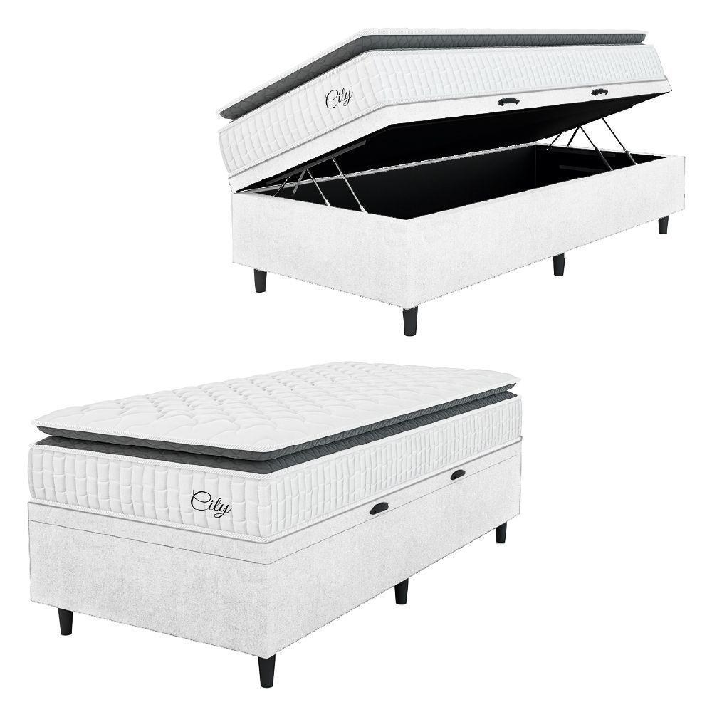 Cama Box Baú Colchão Solteiro Molas Ensacadas City Pillow Top 88x188x64cm Linho Branco / Preto Hellen Branco - 1
