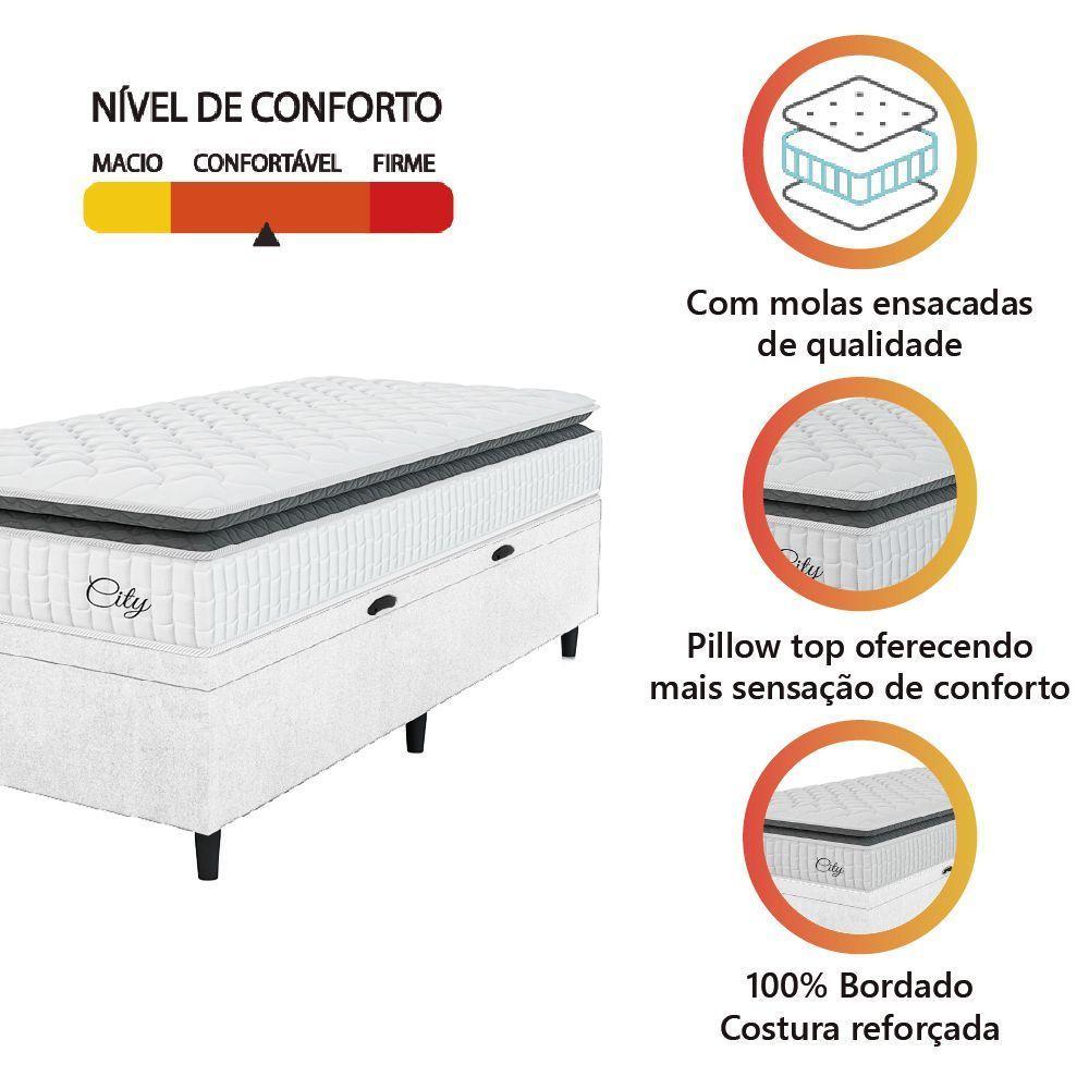 Cama Box Baú Colchão Solteiro Molas Ensacadas City Pillow Top 88x188x64cm Linho Branco / Preto Hellen Branco - 2