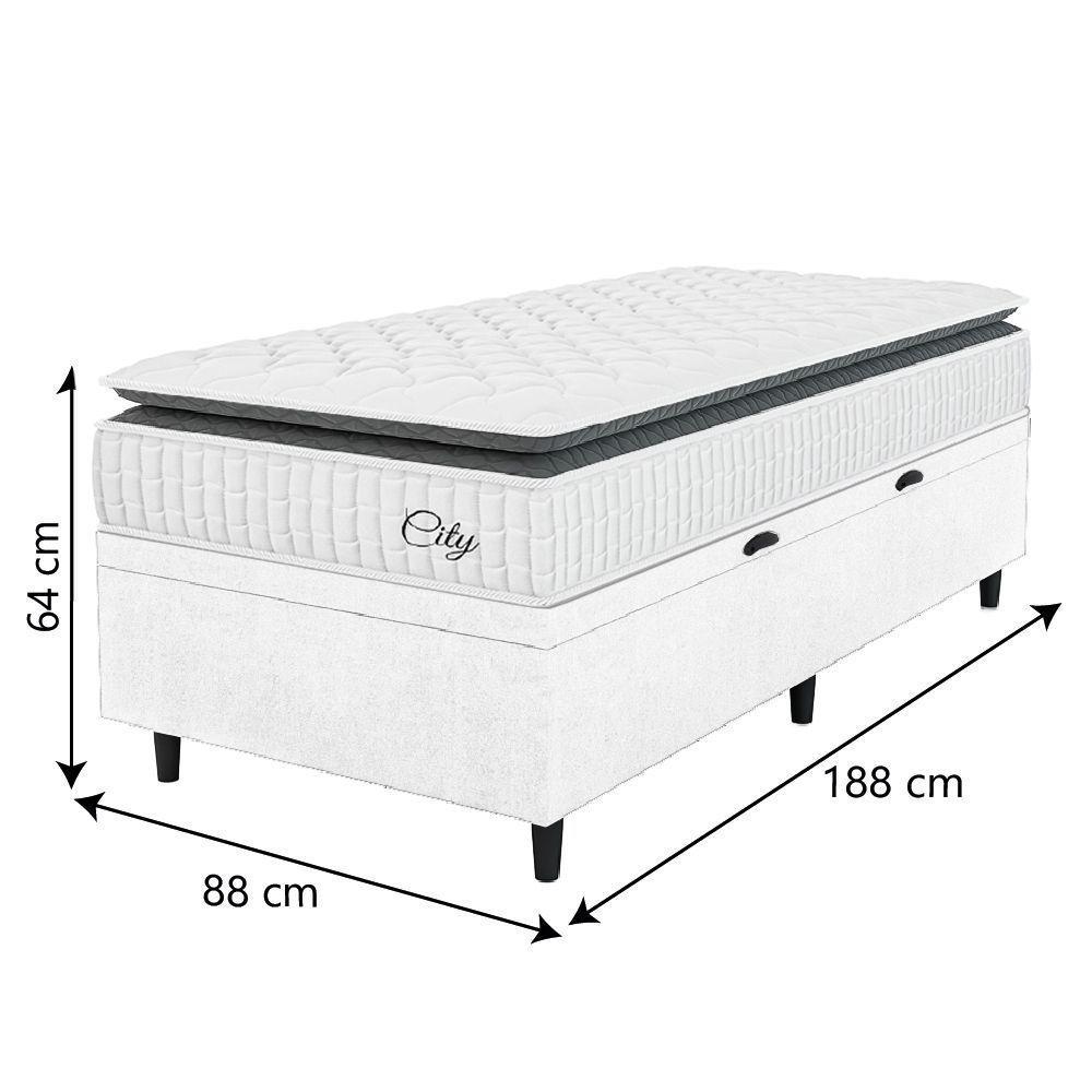 Cama Box Baú Colchão Solteiro Molas Ensacadas City Pillow Top 88x188x64cm Linho Branco / Preto Hellen Branco - 4