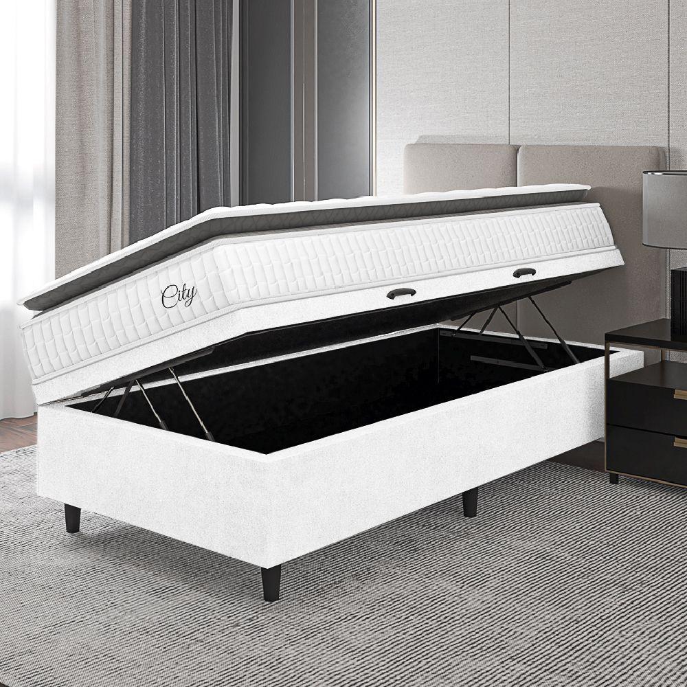 Cama Box Baú Colchão Solteiro Molas Ensacadas City Pillow Top 88x188x64cm Linho Branco / Preto Hellen Branco - 5