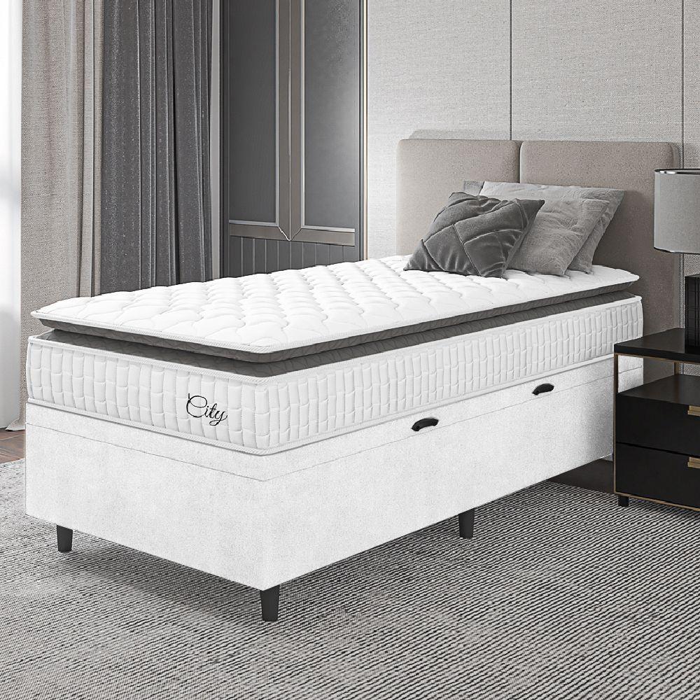 Cama Box Baú Colchão Solteiro Molas Ensacadas City Pillow Top 88x188x64cm Linho Branco / Preto Hellen Branco - 6