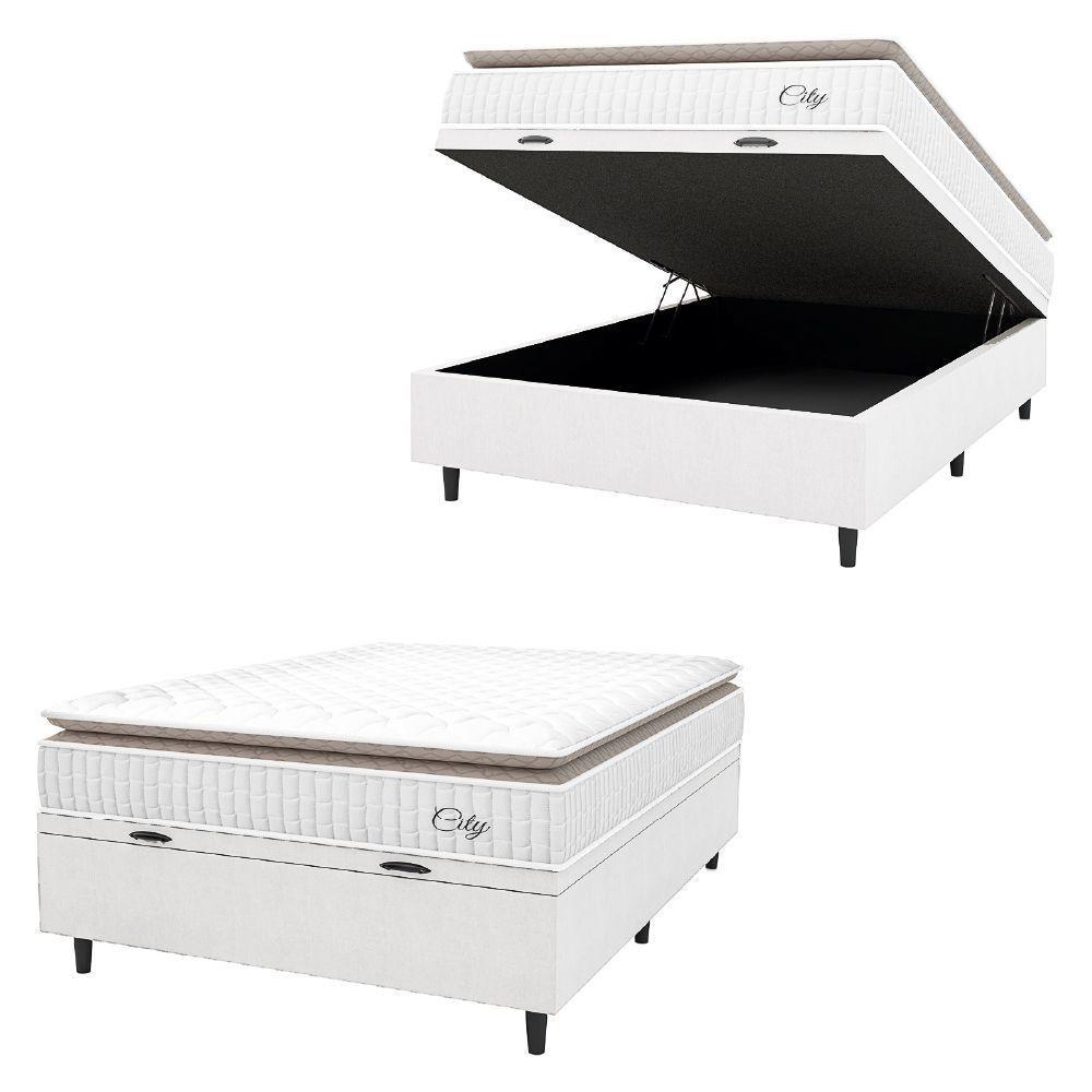 Cama Box Baú Colchão Casal Molas Ensacadas City Pillow Top 138x188x64cm Linho Branco / Bege Hellen Branco/bg - 1