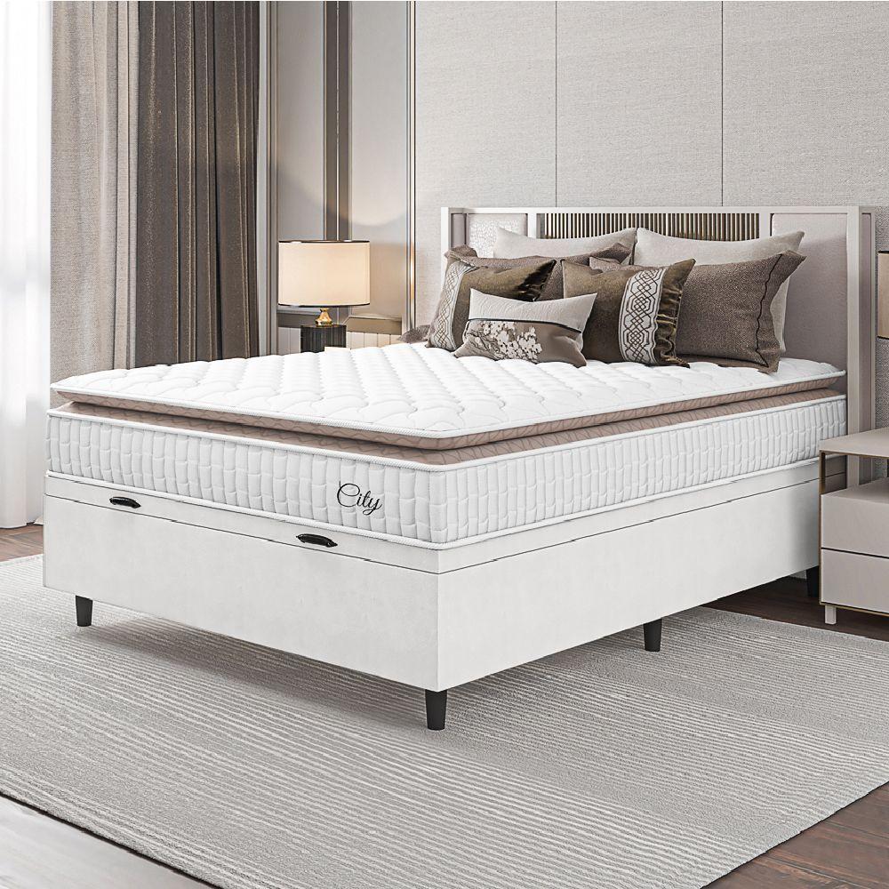 Cama Box Baú Colchão Casal Molas Ensacadas City Pillow Top 138x188x64cm Linho Branco / Bege Hellen Branco/bg - 6