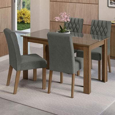 Conjunto Sala de Jantar Celina 4 Lugares Tampo de Vidro com Cadeiras Suede Silver Marrom