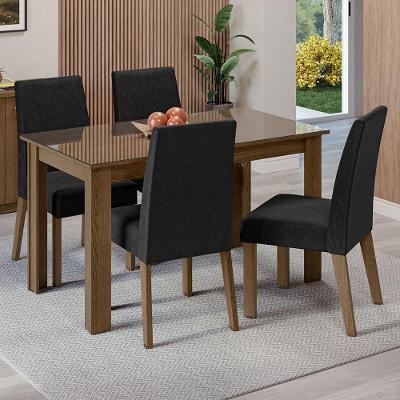 Conjunto de Jantar Antônia 4 Lugares Tampo de Vidro com Cadeiras Estofadas Rustic