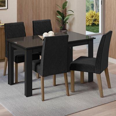 Conjunto Sala de Jantar Antônia 4 Lugares Tampo em MDF e Vidro Temperado Preto e Rustic
