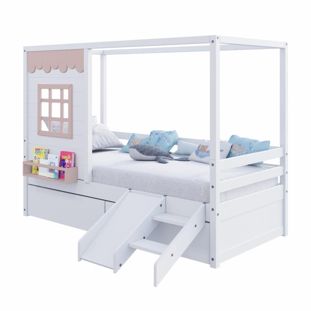 Cama Casinha Reta Com 02 Gavetas E Escorregador Madeira Maciça Branco- Rosa Housin - 5