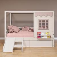 Cama Casinha Reta Com 02 Gavetas E Escorregador Madeira Maciça Branco- Rosa Housin - 1