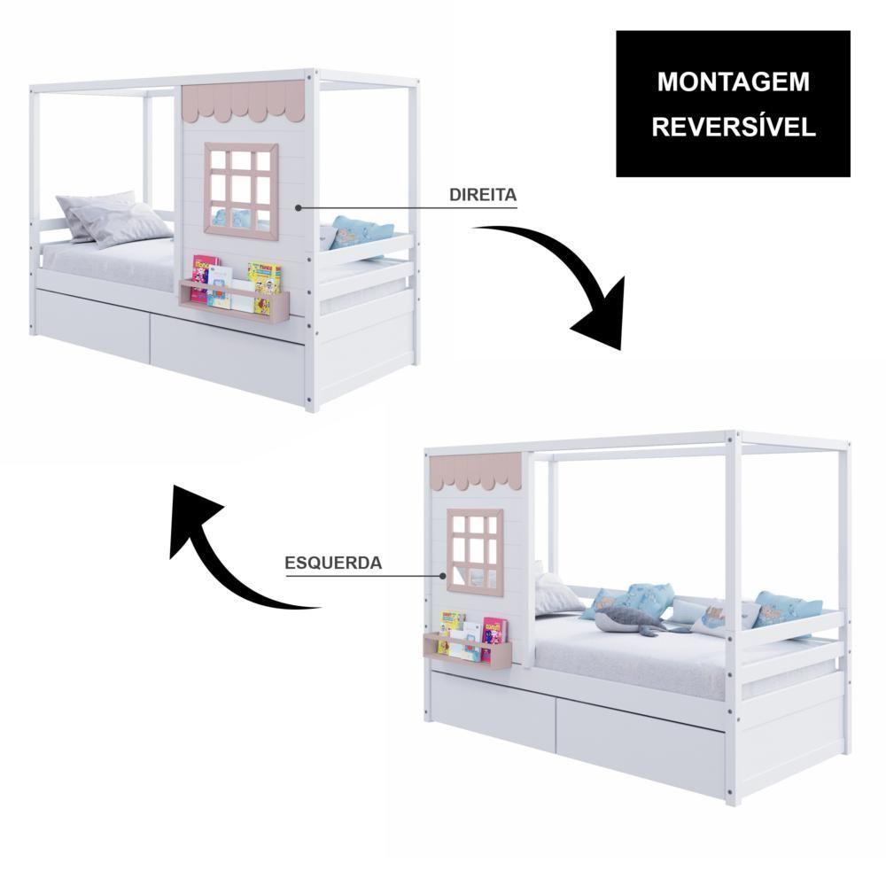 Cama Casinha Reta Com 02 Gavetas Madeira Maciça Branco- Rosa Housin - 3