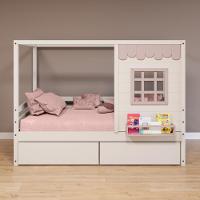 Cama Casinha Reta Com 02 Gavetas Madeira Maciça Branco- Rosa Housin - 1