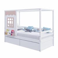 Cama Casinha Reta Com 02 Gavetas Madeira Maciça Branco- Rosa Housin