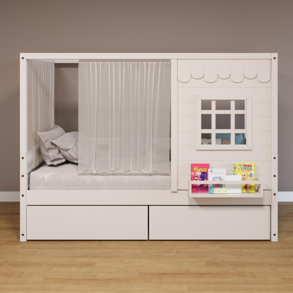 Cama Casinha Reta Com 02 Gavetas E Cortina Madeira Maciça Branco Housin - 1