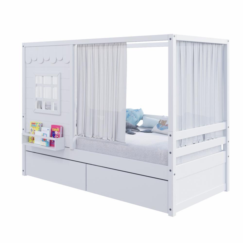 Cama Casinha Reta Com 02 Gavetas E Cortina Madeira Maciça Branco Housin - 3