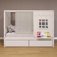 Cama Casinha Reta Com 02 Gavetas E Cortina Madeira Maciça Branco Housin - 1
