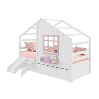 Cama Casinha Com Janela Com 02 Gavetas E Escorregador Madeira Maciça Branco- Rosa Housin - 3