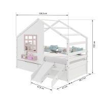 Cama Casinha Com Janela Com 02 Gavetas E Escorregador Madeira Maciça Branco- Rosa Housin