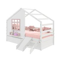 Cama Casinha Com Janela Com 02 Gavetas E Escorregador Madeira Maciça Branco- Rosa Housin - 7