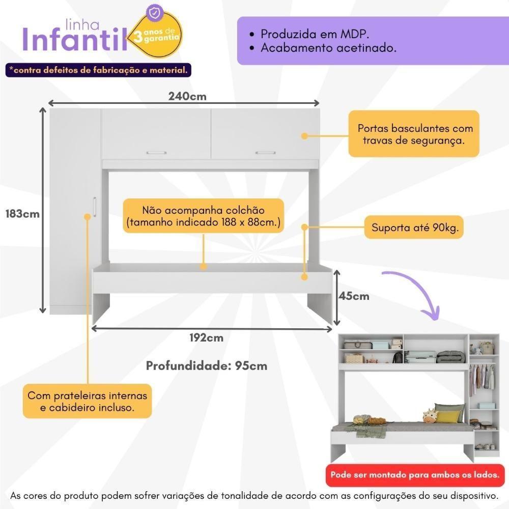 Cama Solteiro Com Guarda-roupas Para Colchão 88x188 Cm Casadinho Multimóveis Bb2650 Branco Branco - 6