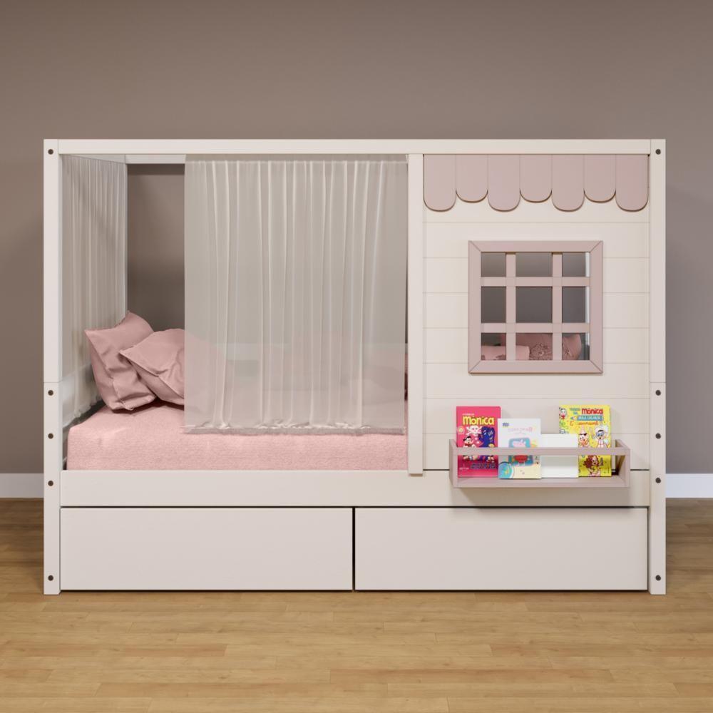 Cama Casinha Reta Com 02 Gavetas E Cortina Madeira Maciça Branco- Rosa Housin - 1