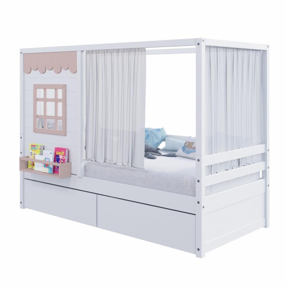 Cama Casinha Reta Com 02 Gavetas E Cortina Madeira Maciça Branco- Rosa Housin - 2