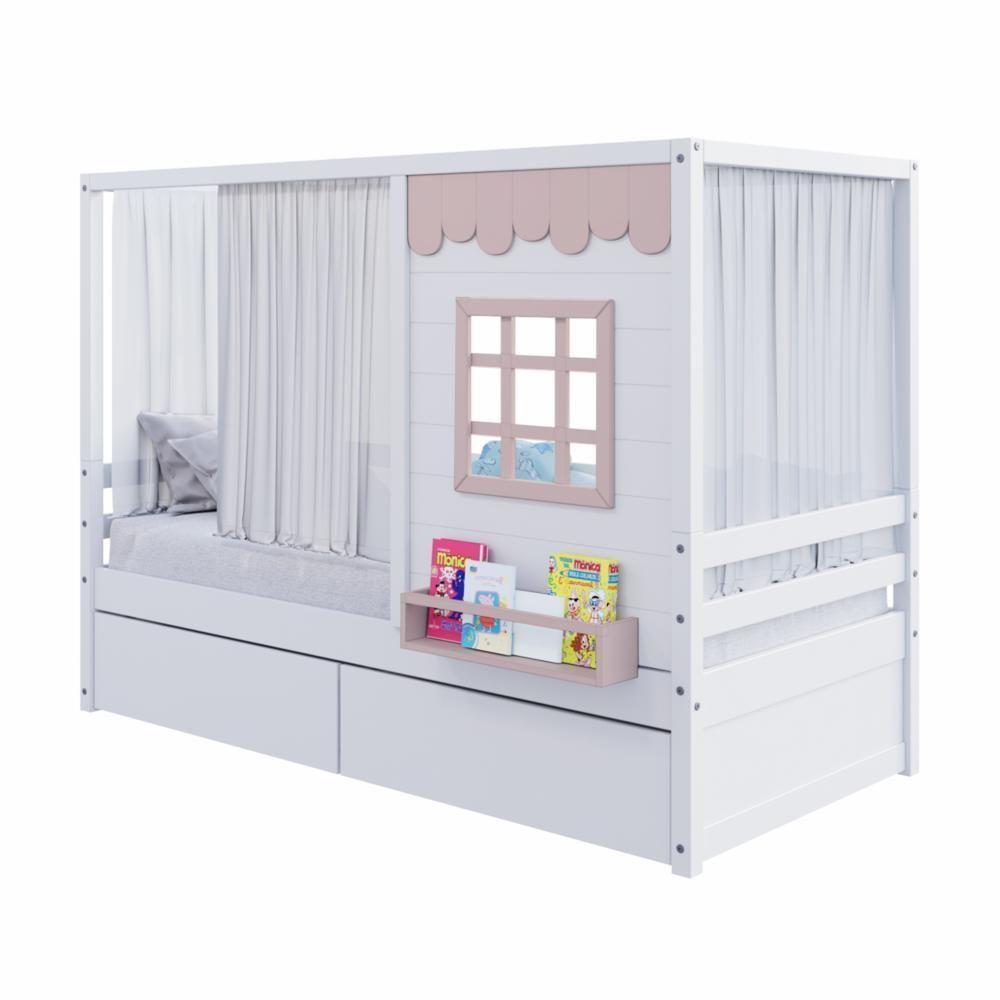 Cama Casinha Reta Com 02 Gavetas E Cortina Madeira Maciça Branco- Rosa Housin - 5
