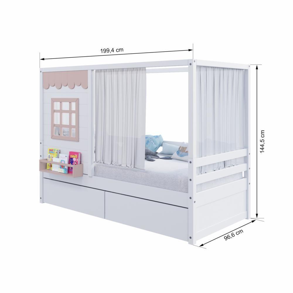 Cama Casinha Reta Com 02 Gavetas E Cortina Madeira Maciça Branco- Rosa Housin - 7