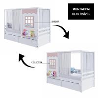 Cama Casinha Reta Com 02 Gavetas E Cortina Madeira Maciça Branco- Rosa Housin