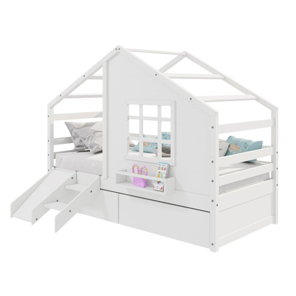 Cama Casinha Com Janela Com 02 Gavetas E Escada/escorregador Madeira Maciça Branco Housin - 4