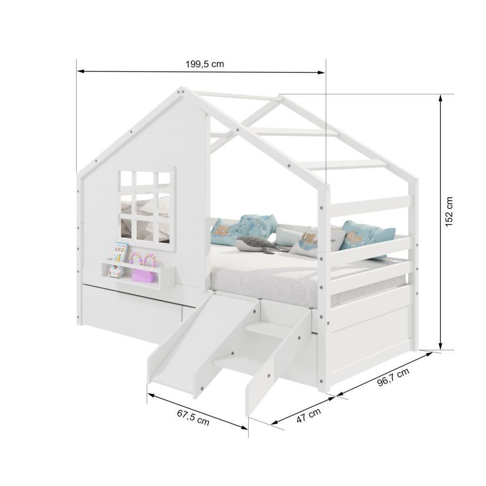 Cama Casinha Com Janela Com 02 Gavetas E Escada/escorregador Madeira Maciça Branco Housin - 5