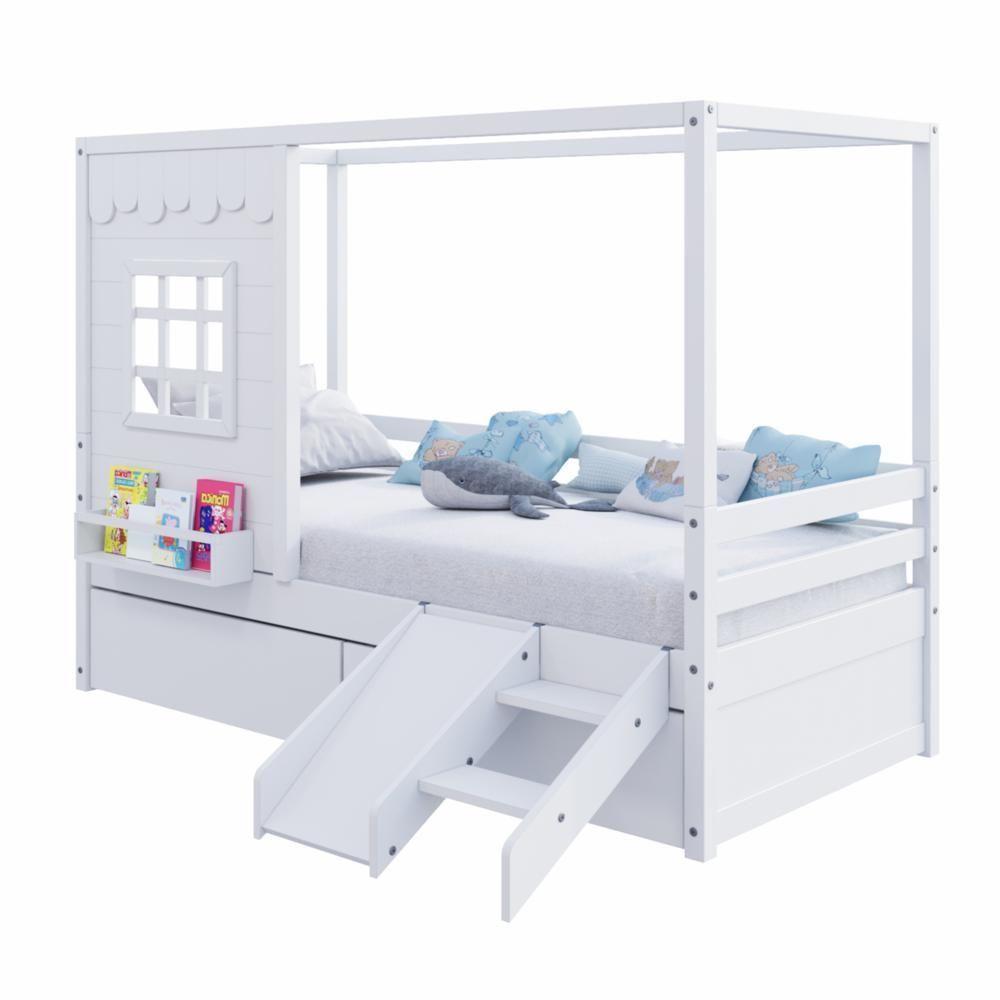 Cama Casinha Reta Com 02 Gavetas E Escorregador Madeira Maciça Branco Housin - 3
