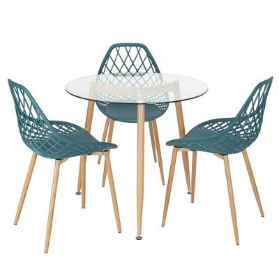 Mesa Redonda Com Tampo De Vidro 80Cm + 3 Cadeiras Turquesa
