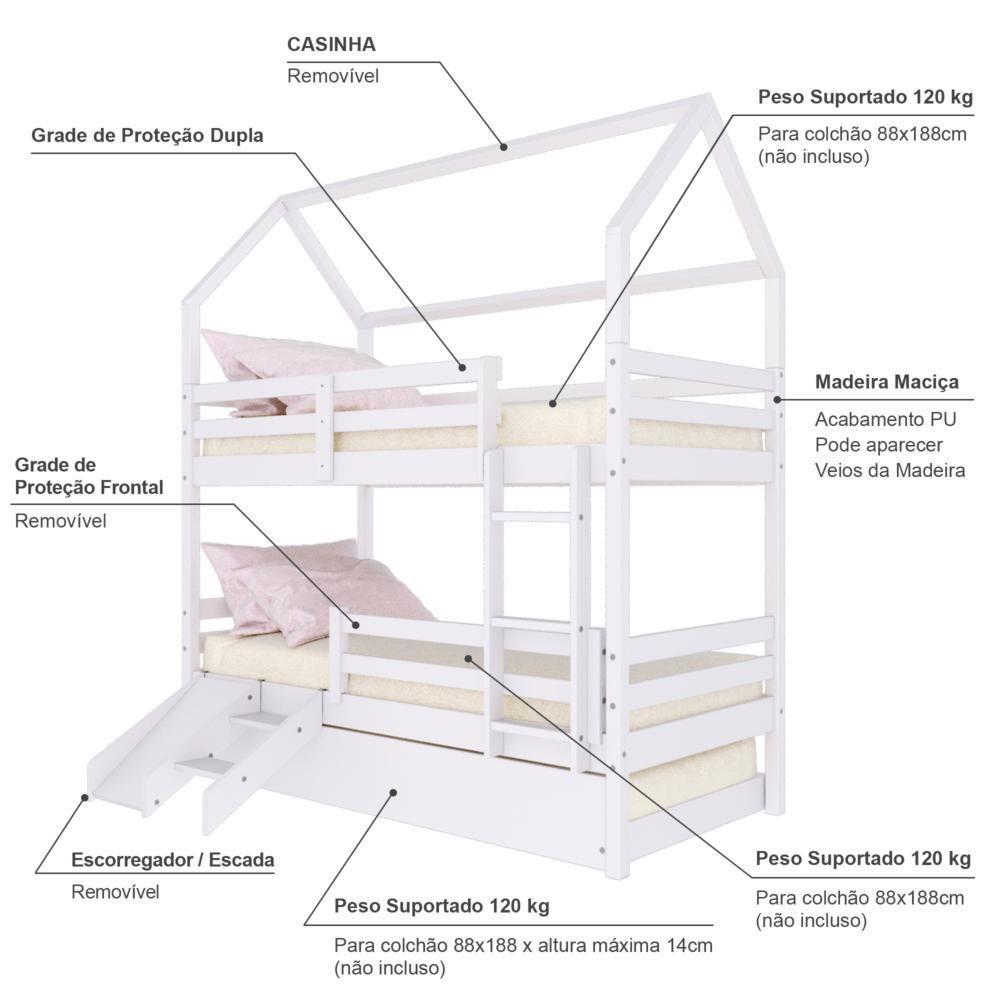 Treliche Casinha Solteiro Slim Rb Com Kit Escada/escorregador E Grade De Proteção Madeira Maciça Branco Housin - 4