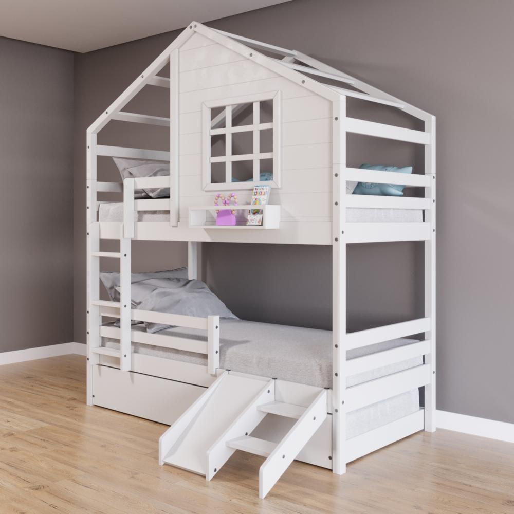 Treliche Casinha Com Janela Com Escada/escorregador E Grade De Proteção Madeira Maciça Branco Housin - 1