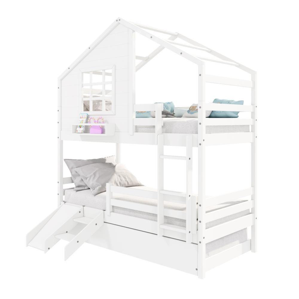 Treliche Casinha Com Janela Com Escada/escorregador E Grade De Proteção Madeira Maciça Branco Housin - 2