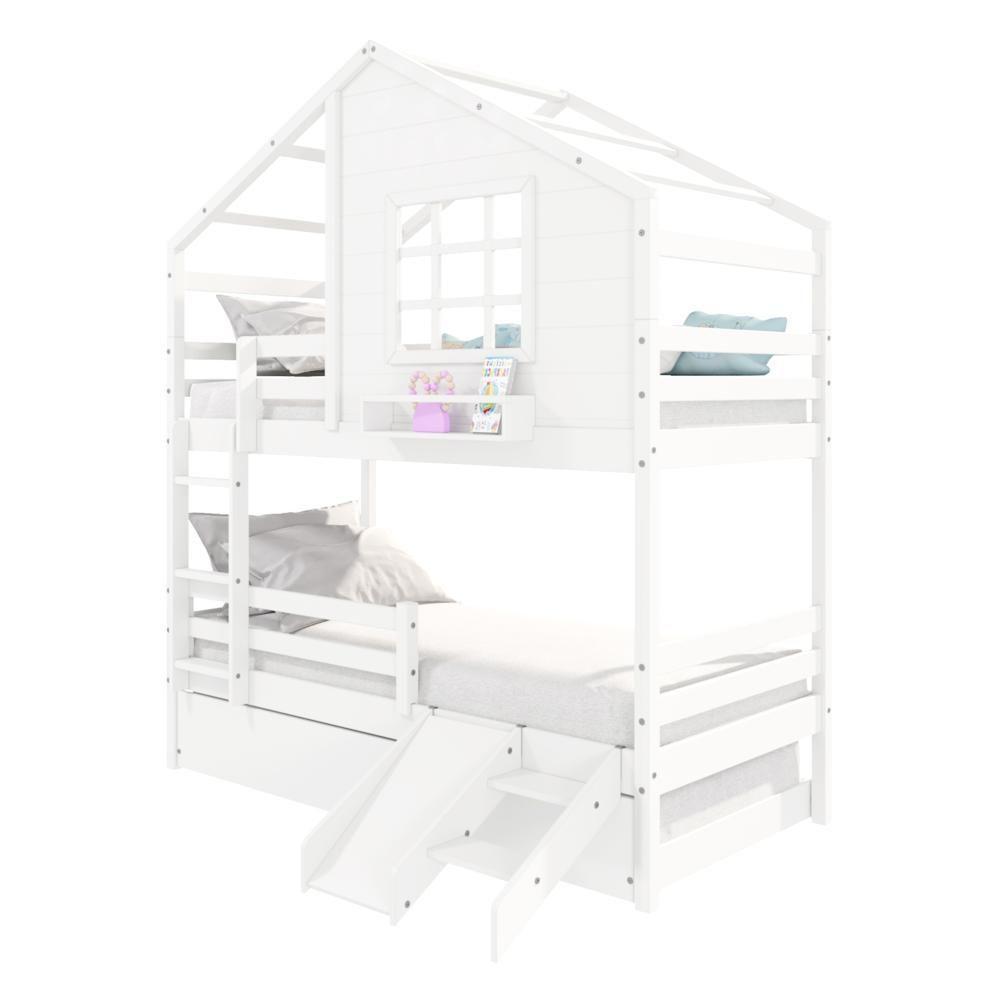 Treliche Casinha Com Janela Com Escada/escorregador E Grade De Proteção Madeira Maciça Branco Housin - 3