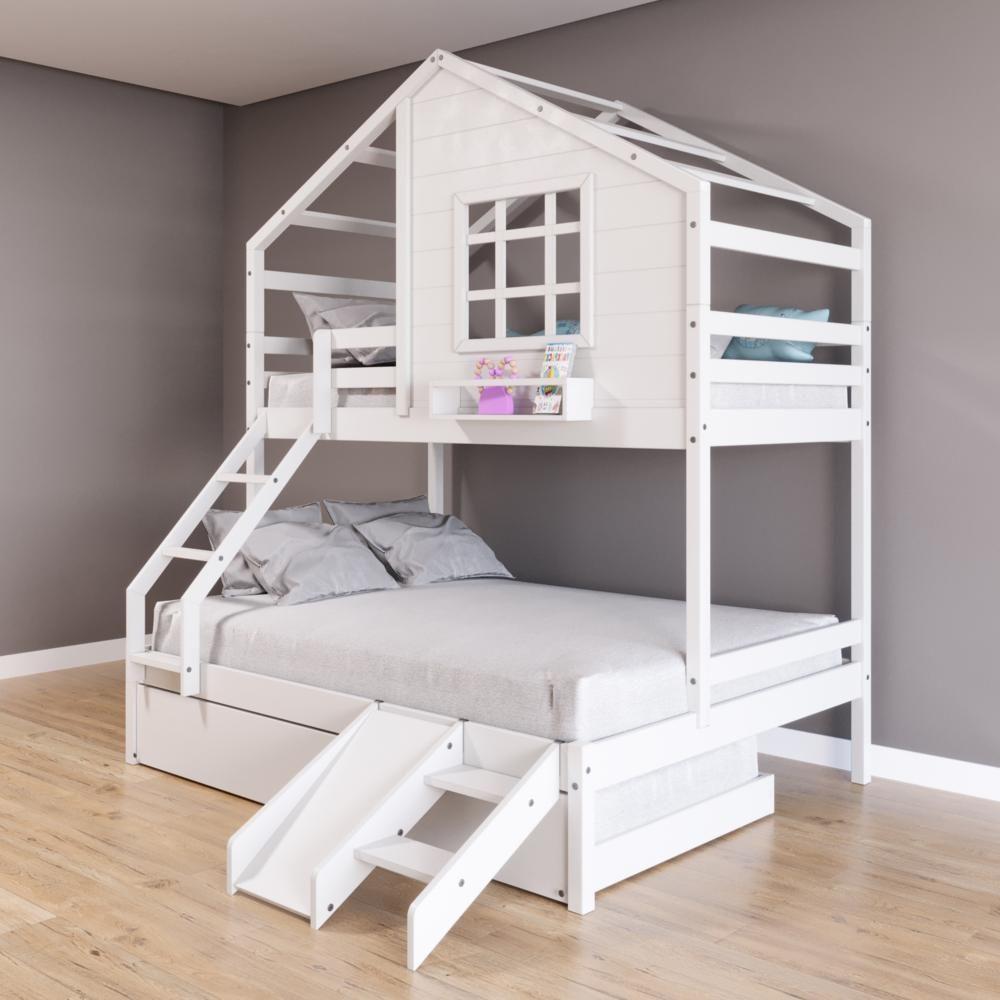 Treliche Casinha Com Janela Casal/Solteiro Com Escada/escorregador Madeira Maciça Branco Housin - 1