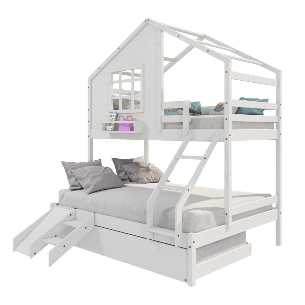 Treliche Casinha Com Janela Casal/Solteiro Com Escada/escorregador Madeira Maciça Branco Housin - 3