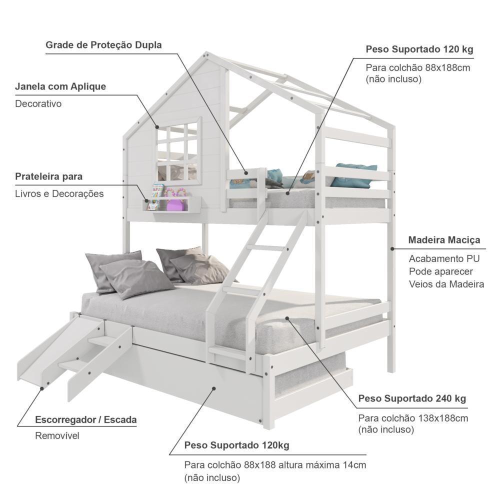 Treliche Casinha Com Janela Casal/Solteiro Com Escada/escorregador Madeira Maciça Branco Housin - 4