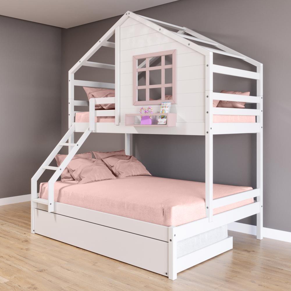 Treliche Casinha Com Janela Casal-solteiro Madeira Maciça Branco- Rosa Housin - 1