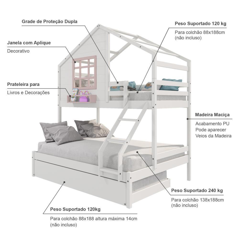 Treliche Casinha Com Janela Casal-solteiro Madeira Maciça Branco- Rosa Housin - 3