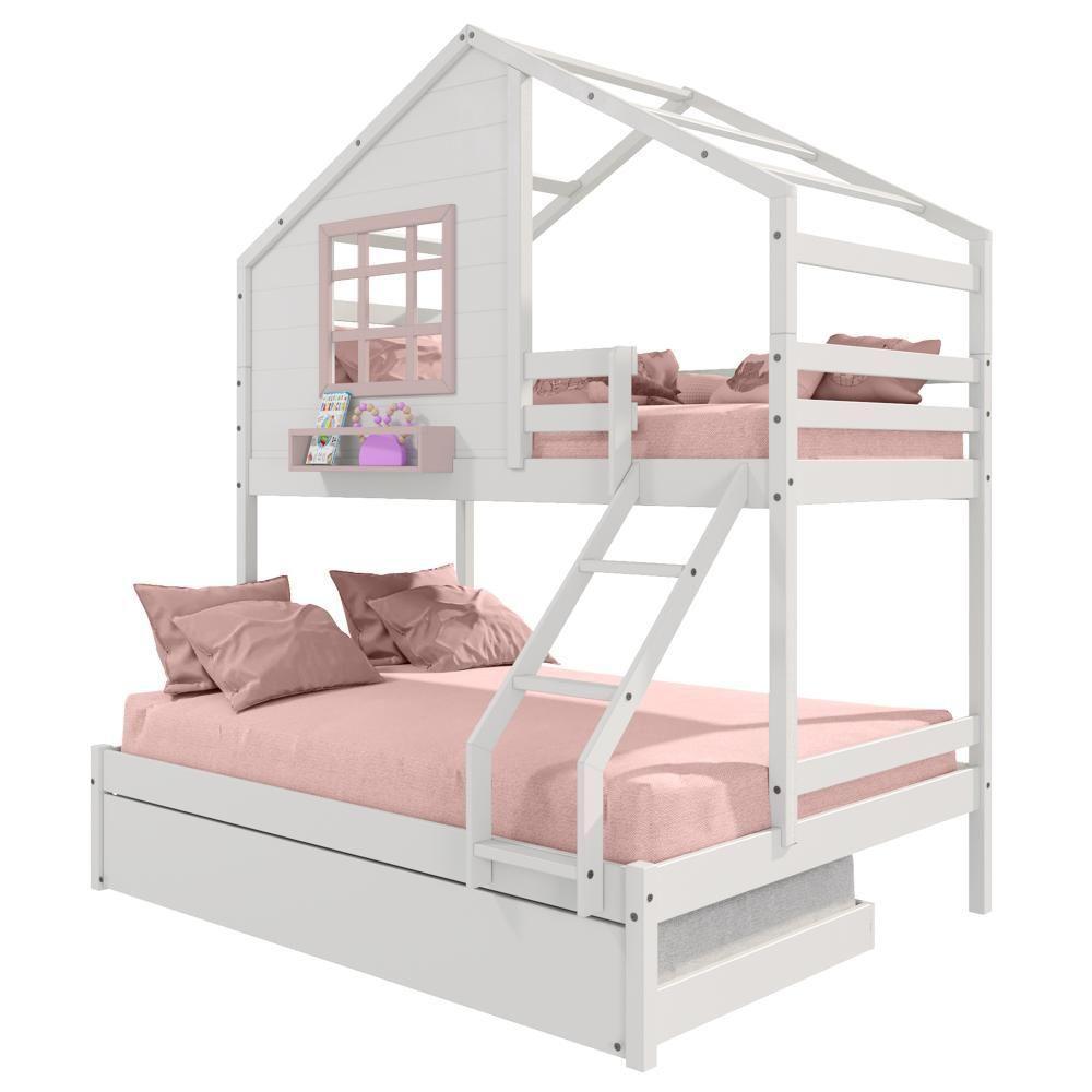 Treliche Casinha Com Janela Casal-solteiro Madeira Maciça Branco- Rosa Housin - 5