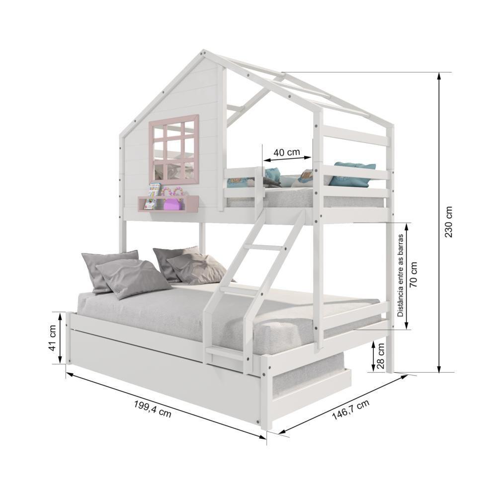 Treliche Casinha Com Janela Casal-solteiro Madeira Maciça Branco- Rosa Housin - 6