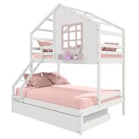 Treliche Casinha Com Janela Casal-solteiro Madeira Maciça Branco- Rosa Housin