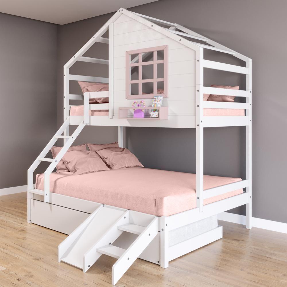 Treliche Casinha Com Janela Casal-Solteiro Com Escada-escorregador Madeira Maciça Branco- Rosa - 1