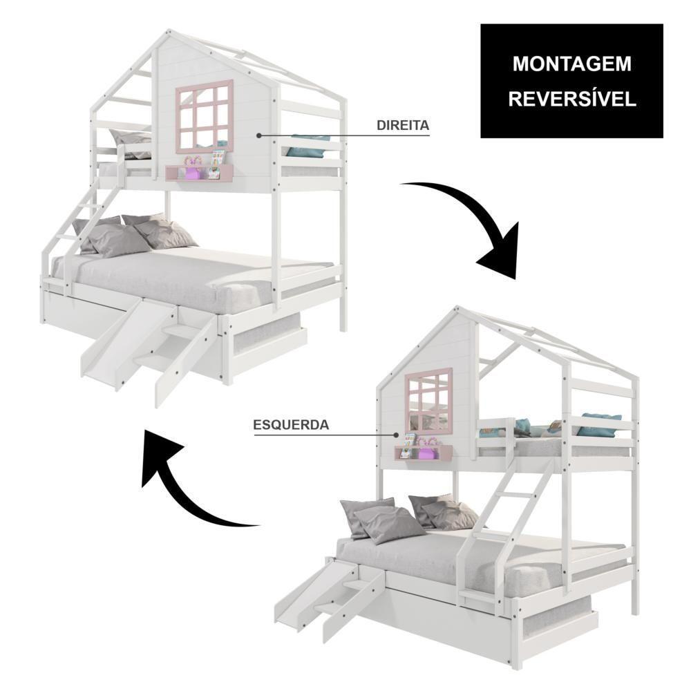 Treliche Casinha Com Janela Casal-Solteiro Com Escada-escorregador Madeira Maciça Branco- Rosa - 2