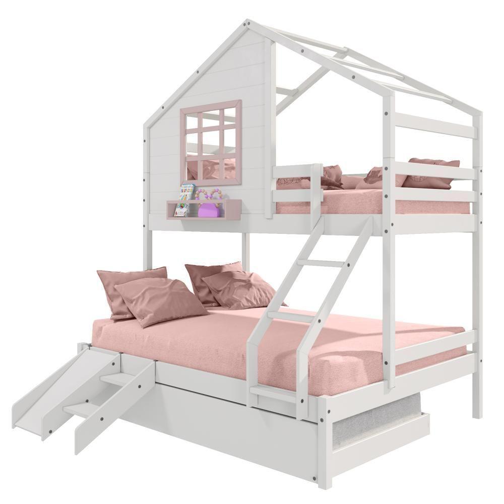 Treliche Casinha Com Janela Casal-Solteiro Com Escada-escorregador Madeira Maciça Branco- Rosa - 3