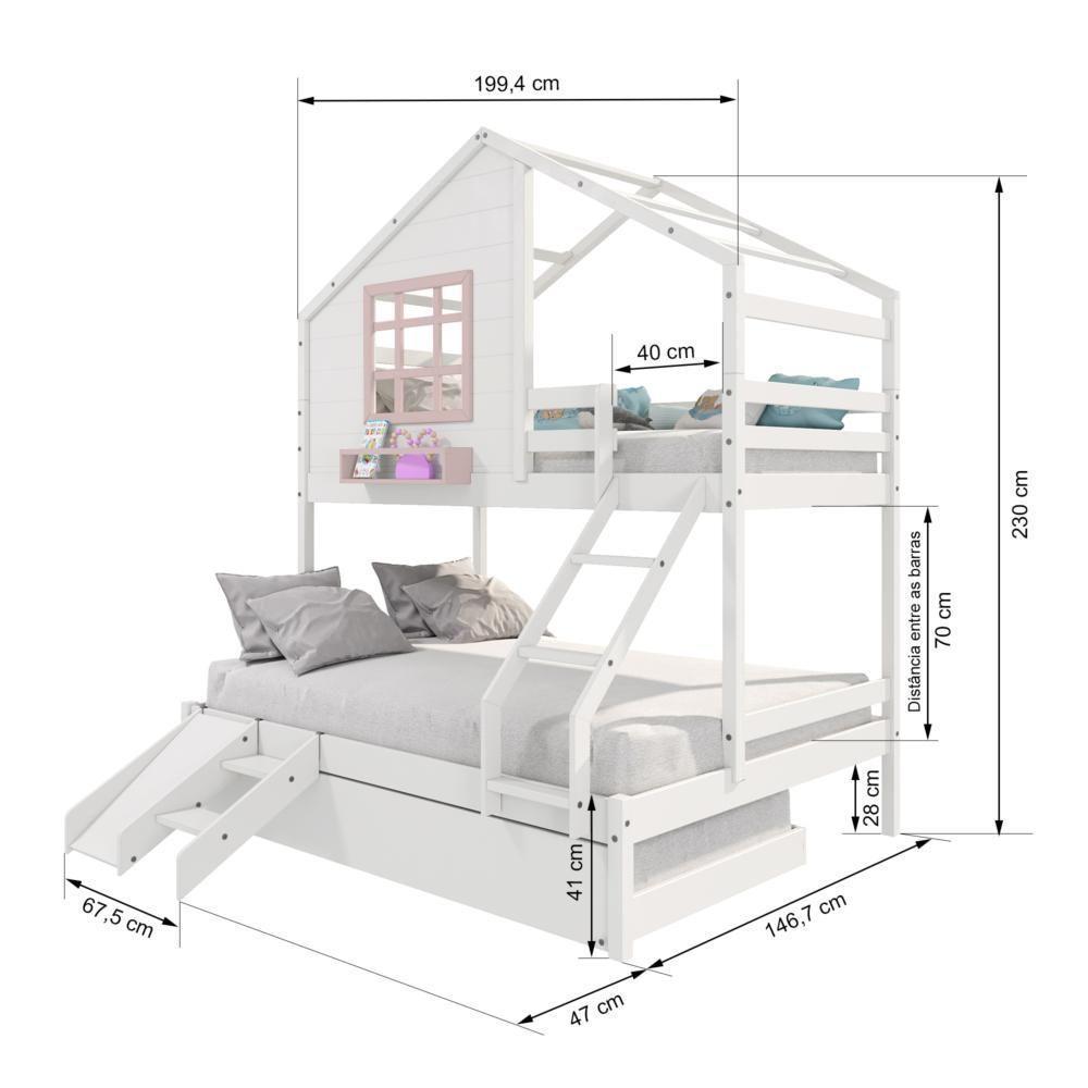 Treliche Casinha Com Janela Casal-Solteiro Com Escada-escorregador Madeira Maciça Branco- Rosa - 4